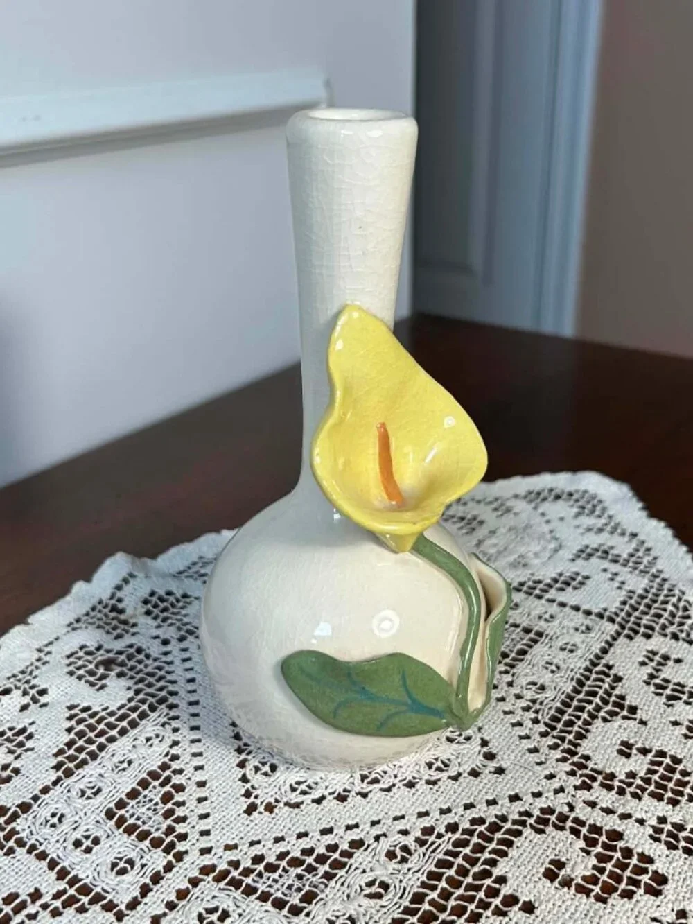 Vintage 3D Yellow Calla Lily Ceramic Bud Vase - Mid-Century Floral